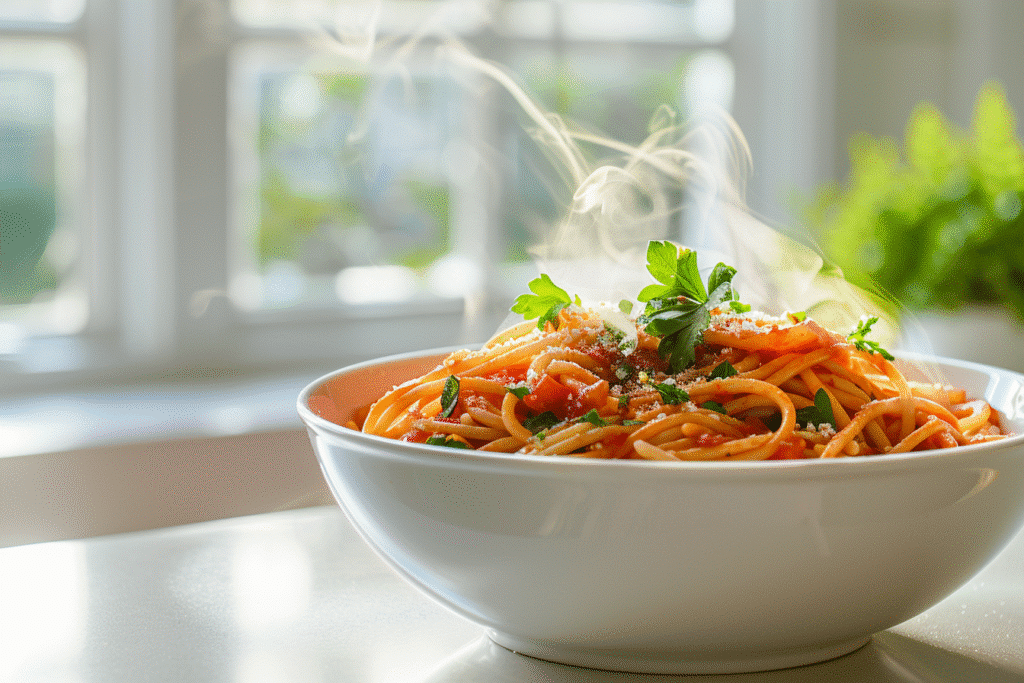 A warm bowl of Budget Classic One Pot Spaghetti on a white countertop, topped with parsley and bright natural light