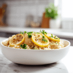 One-pot chicken and rice with caramelized lemon slices and fresh parsley in a white bowl on a minimalist kitchen counter.