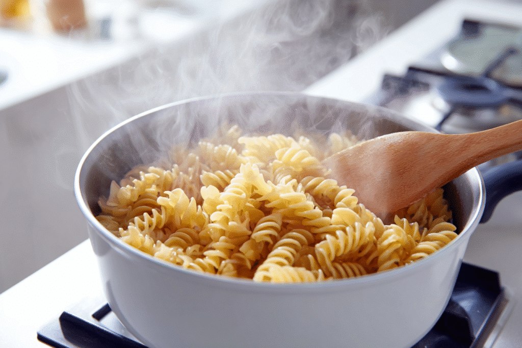 Pasta cooking in pot with pesto for a single serving