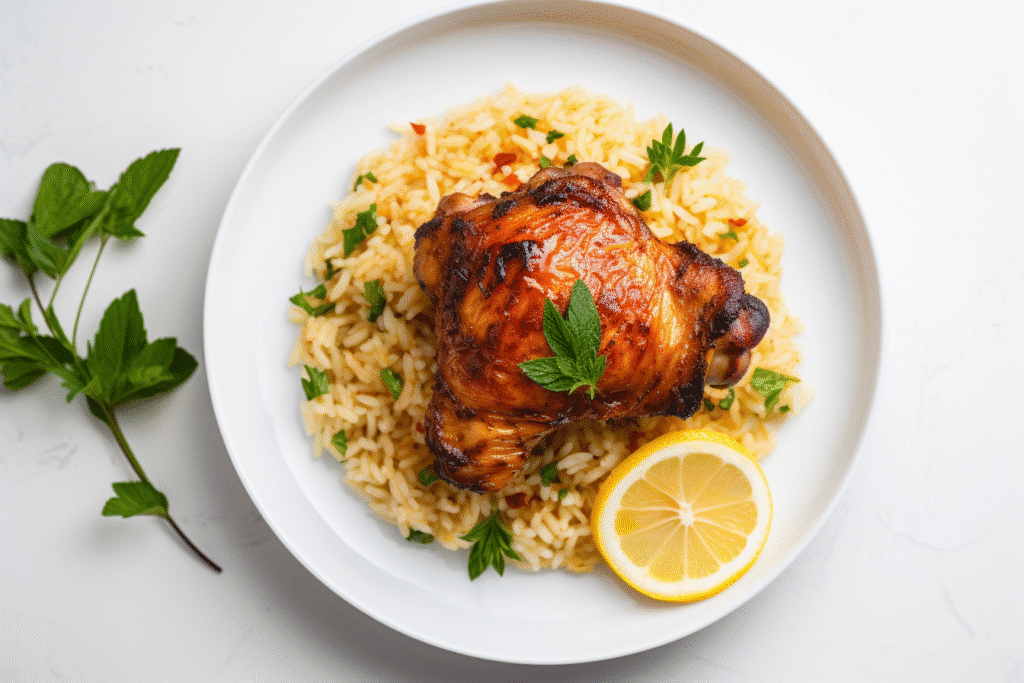 Close-up of crispy chicken skin served with lemon rice on a white plate