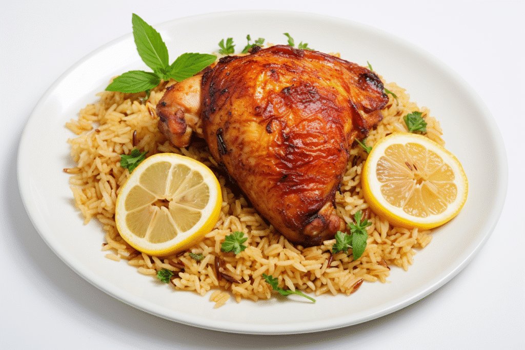 One pot chicken and rice with crispy chicken skin and caramelized lemon