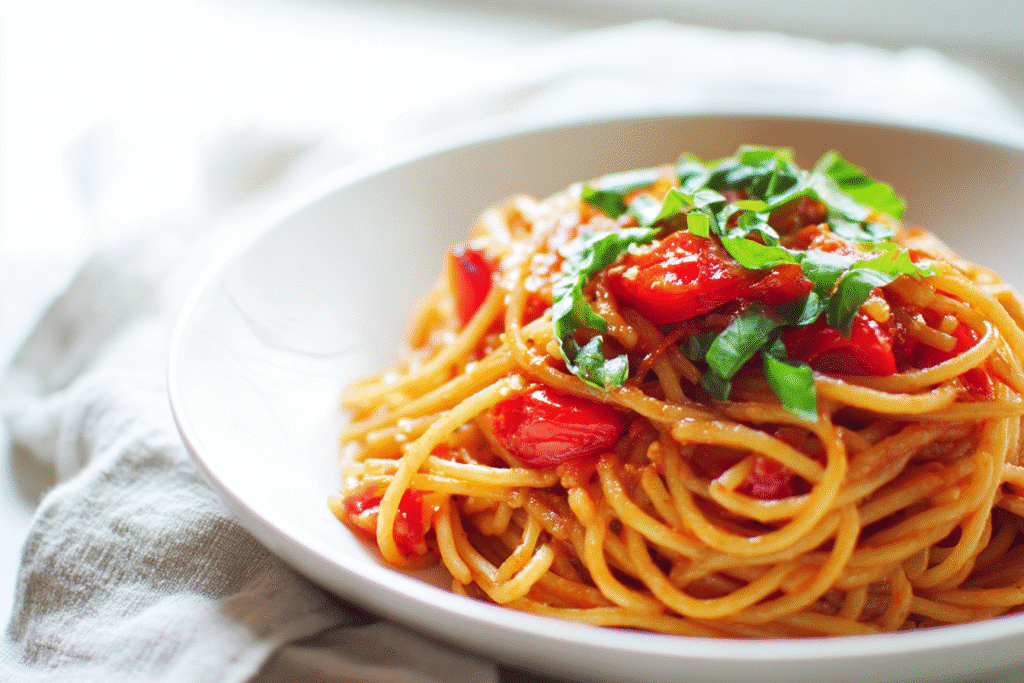 Gluten free Classic One Pot Spaghetti served in a white bowl on a kitchen counter