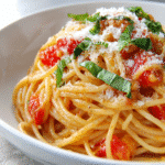 Served gluten free one pot spaghetti in a white bowl