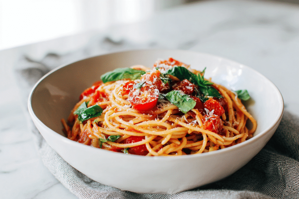 Close-up of gluten free one-pot spaghetti with basil and parmesan