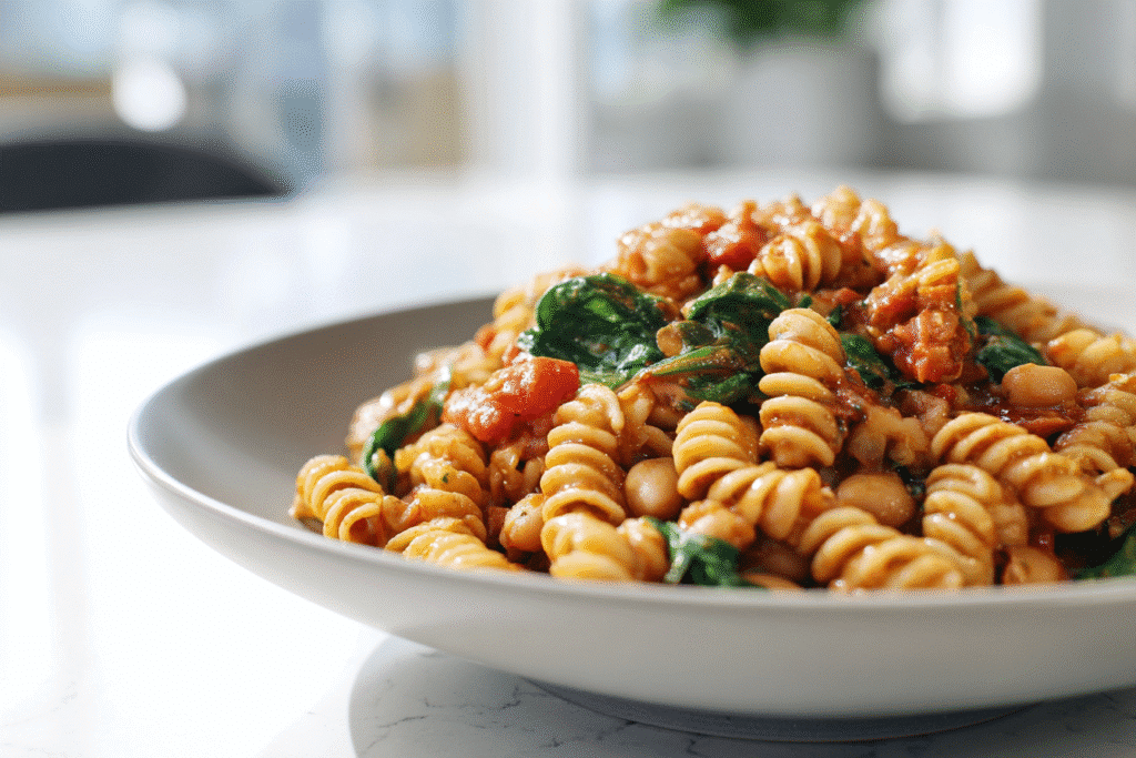 Bowl of Meat-Free One Pot Protein Pasta on a white countertop