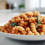 Single-serving bowl of Meat-Free One Pot Protein Pasta on a white kitchen counter, styled in natural light