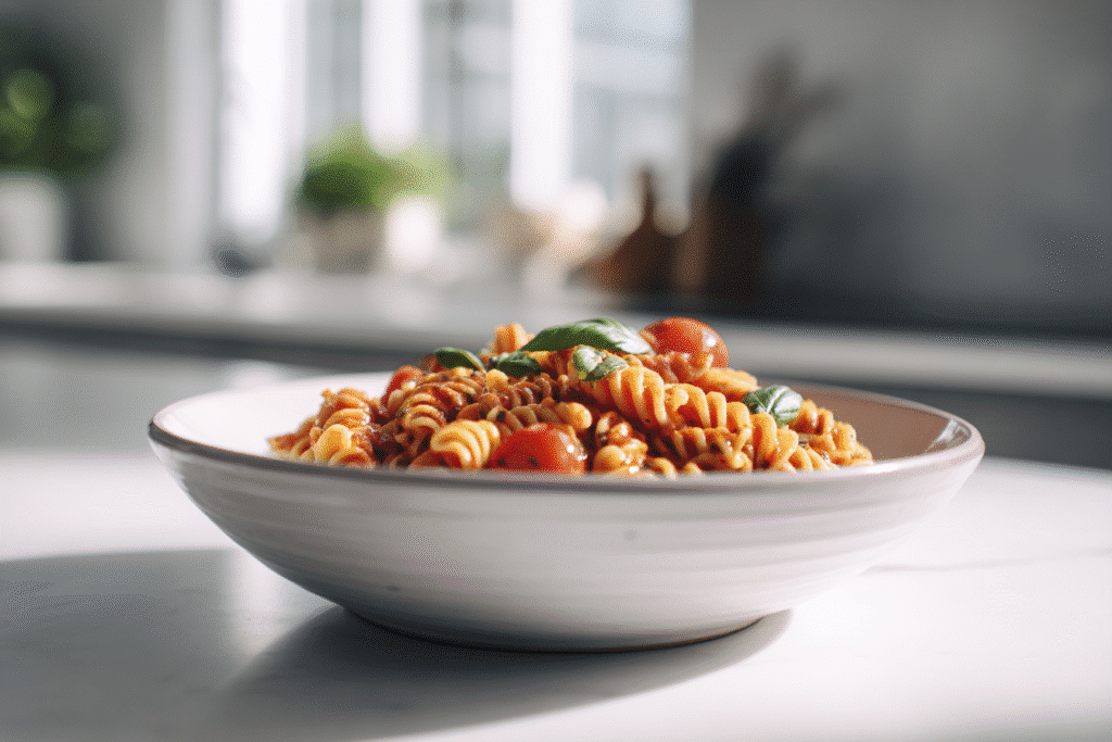 Flavor variations of Meat-Free One Pot Protein Pasta in styled bowls