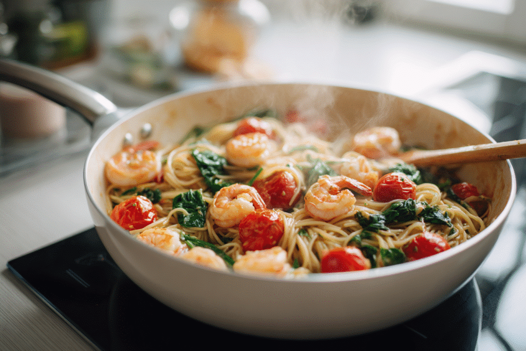 One Pot Protein Pasta for Weight Loss with shrimp and tomatoes cooking in a modern kitchen