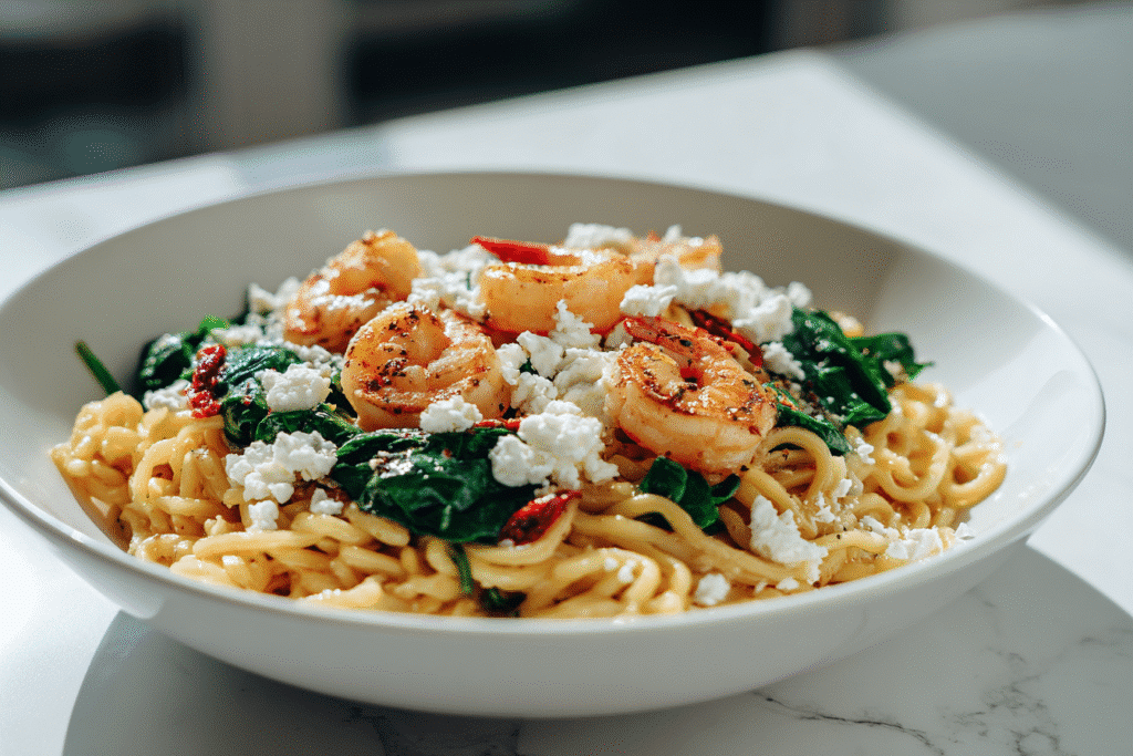 close-up of protein pasta with shrimp and spinach on white counter