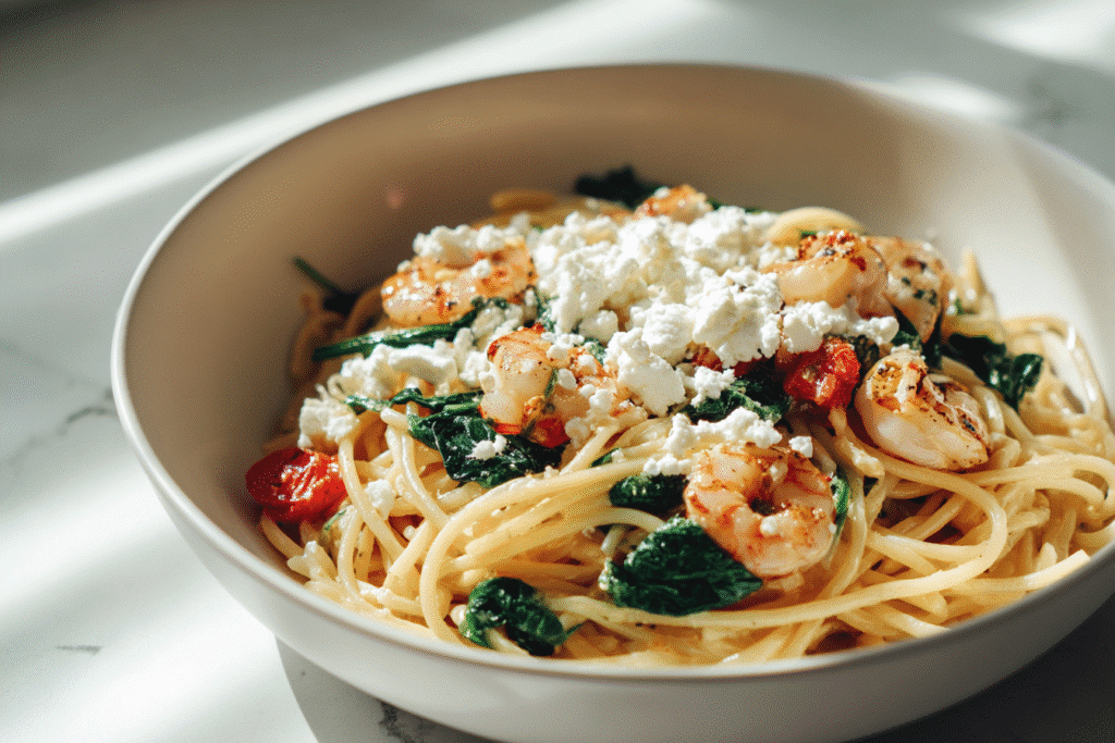 one pot protein pasta in a dorm-friendly white kitchen setting