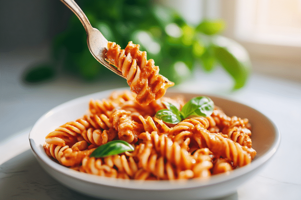 Twirled fork lifting creamy tomato one pot pasta from a white bowl