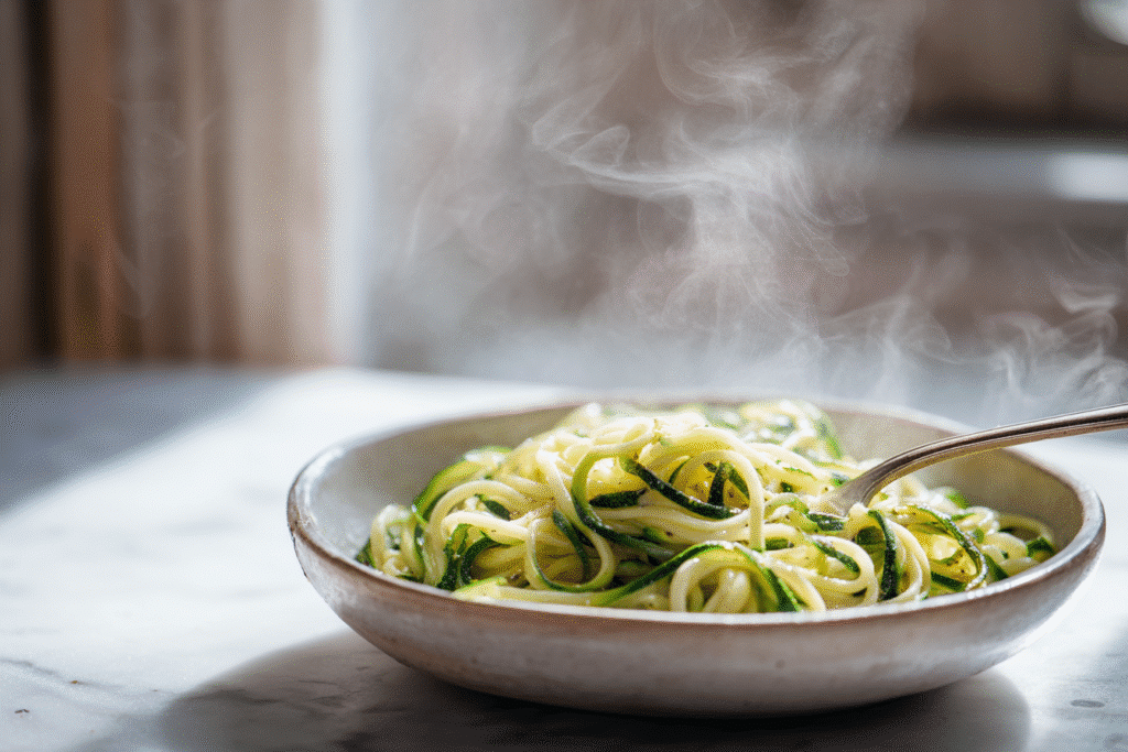 Hand stirring one pot zucchini spaghetti in broth