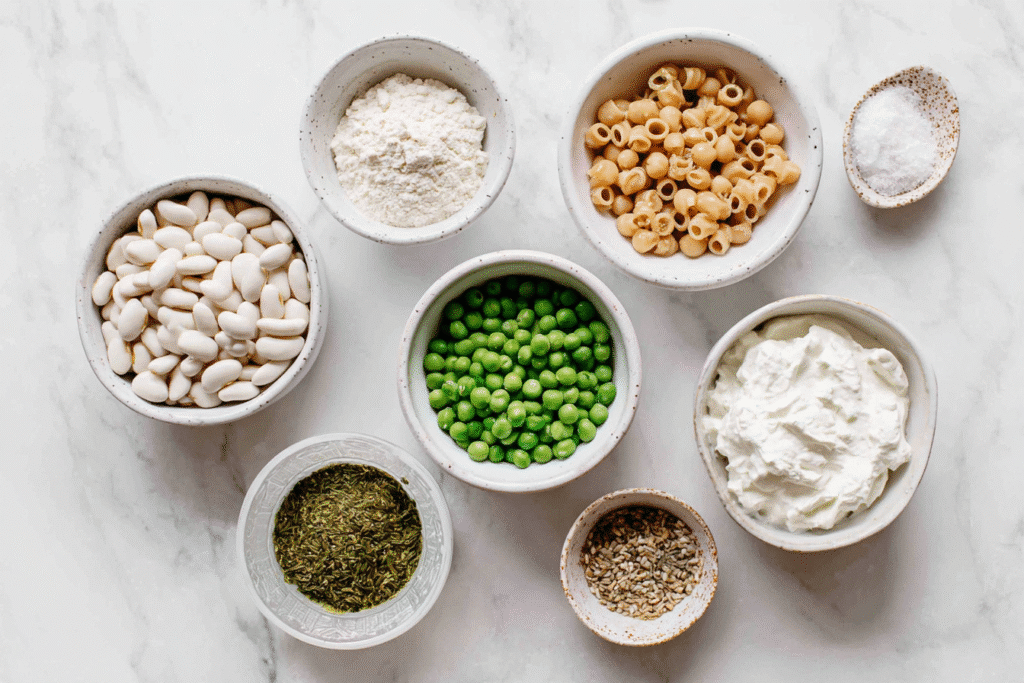 Flat lay of protein-rich add-ins for Meat-Free One Pot Protein Pasta
