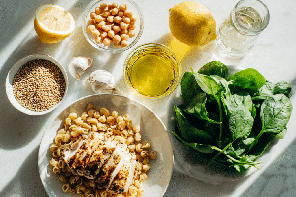 Ingredients for post-gym pasta laid out on white kitchen counter. Post‑Gym Pasta