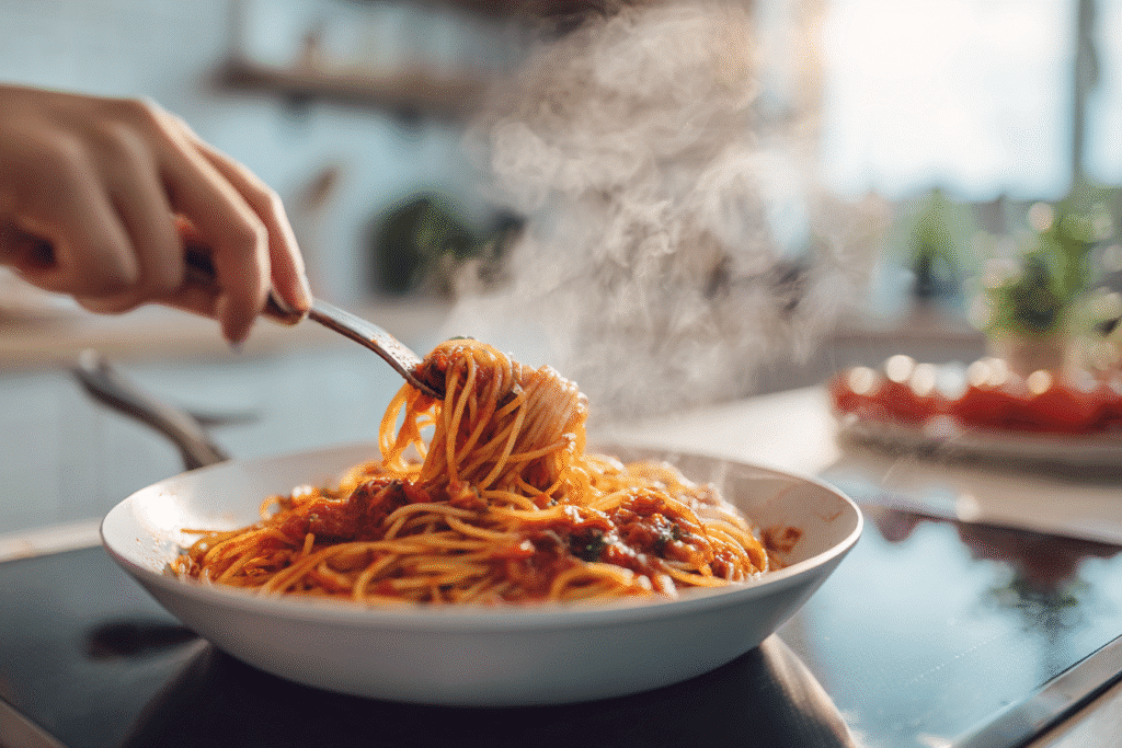 Stirring one pot spaghetti for one during cooking