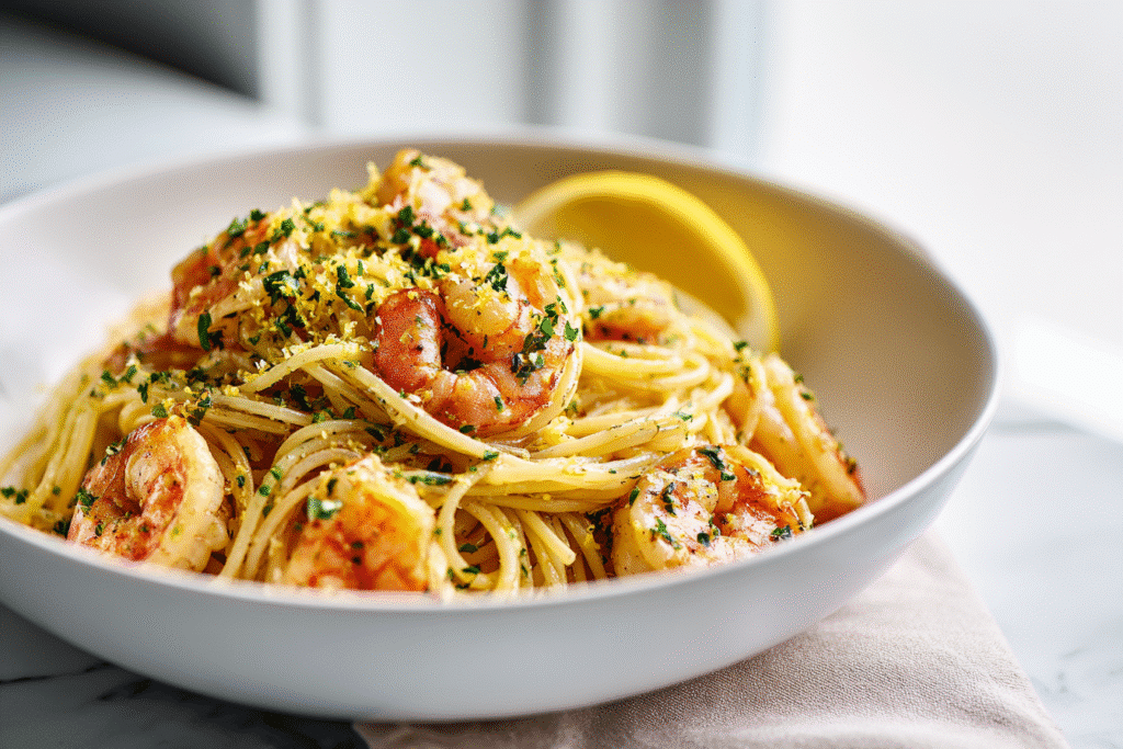 Lemon garlic shrimp pasta one pot served on white countertop