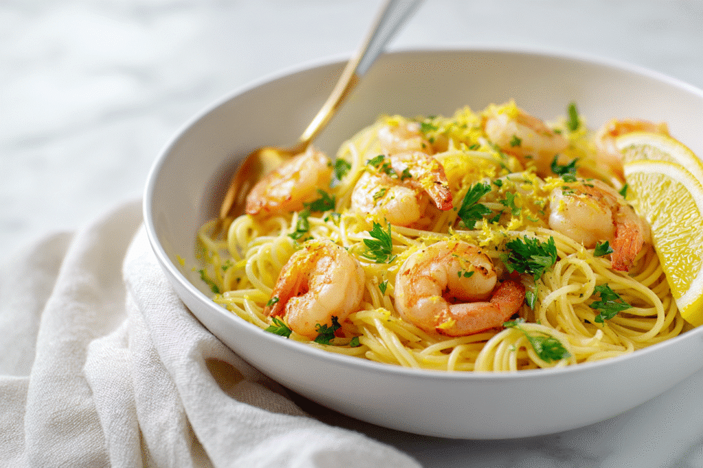 Close-up of lemon garlic shrimp pasta on white kitchen counter