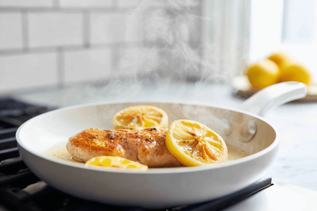 Golden chicken thigh and lemon slices sizzling in a white skillet, with visible steam, set on a bright white kitchen counter.
