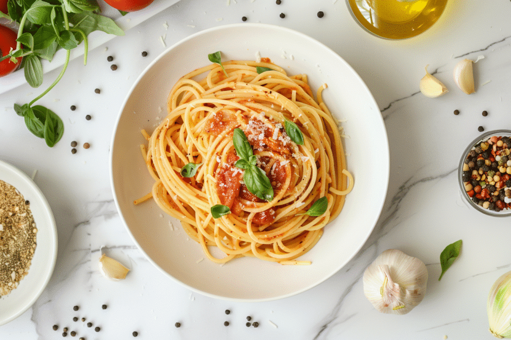 Budget Classic One Pot Spaghetti served in a white bowl with parsley garnish