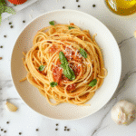 Budget Classic One Pot Spaghetti served in a white bowl with parsley garnish