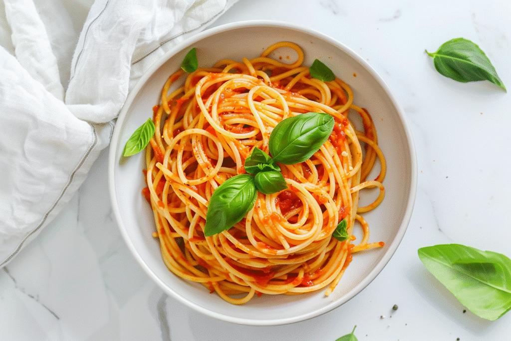 Vegan one pot spaghetti for one in a white bowl on kitchen counter