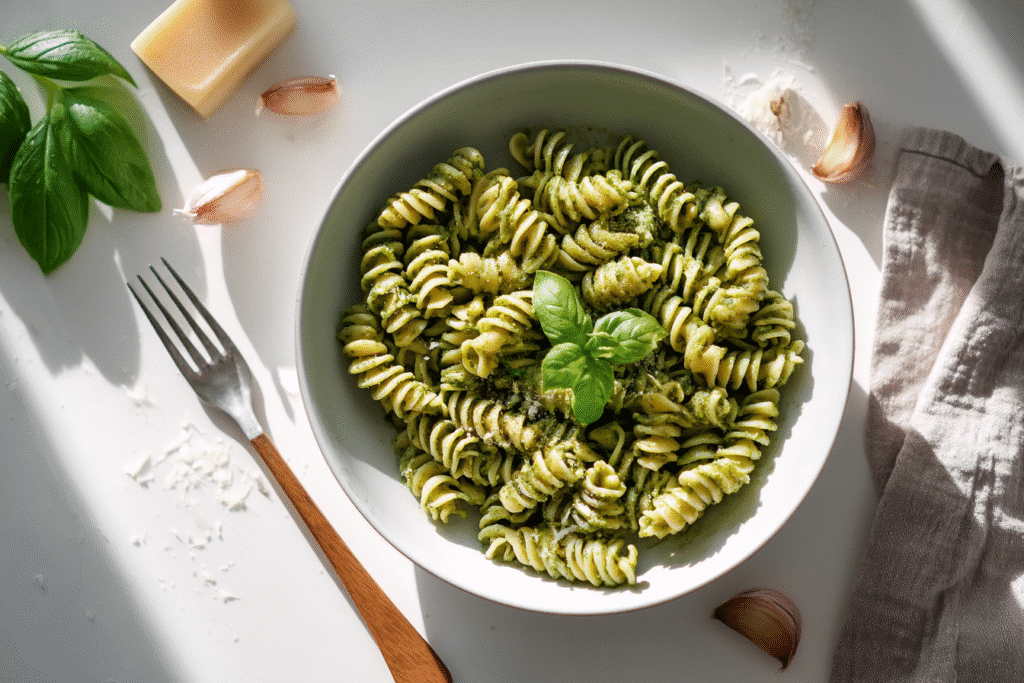 Single bowl of pesto one pot pasta for one on white counter with fresh basil and Parmesan