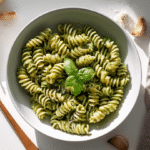 Single bowl of pesto one pot pasta for one on white counter with fresh basil and Parmesan