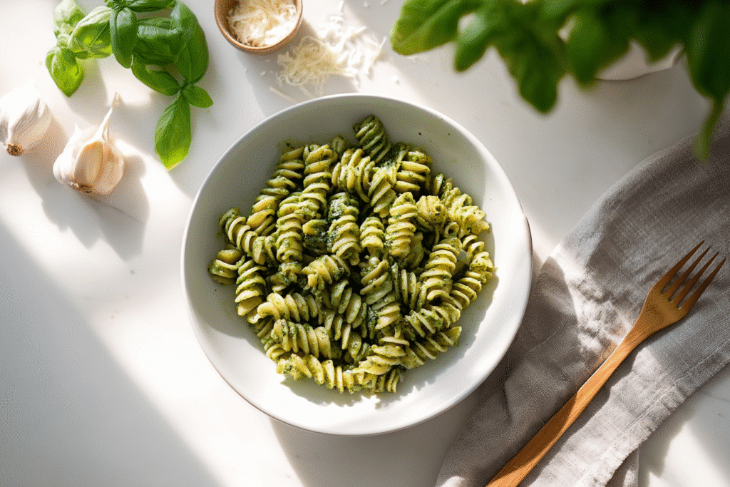 Single bowl of pesto one pot pasta served on white counter