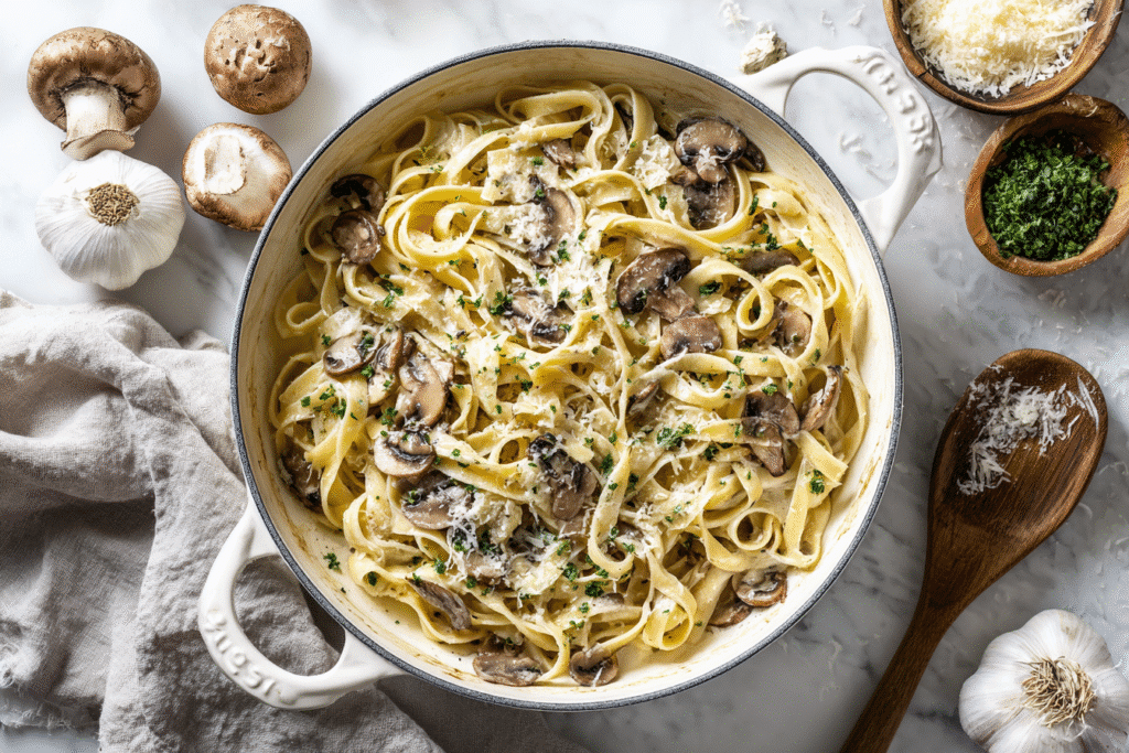 Mushrooms and garlic sautéing in white skillet for one pot pasta