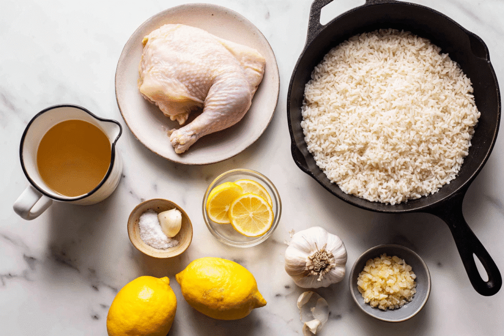 one pot chicken and rice ingredients on white counter