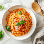 Cooked vegan spaghetti on clean kitchen counter