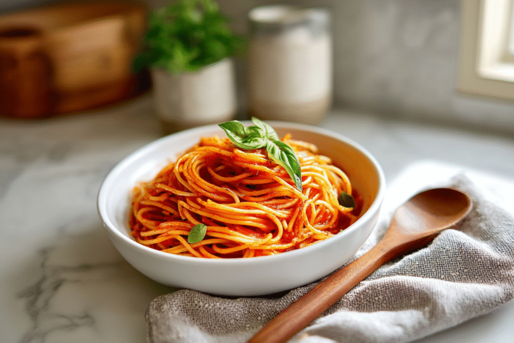 Vegan spaghetti meal in a calm solo lunch setting