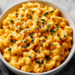 One Pot Mac and Cheese served in white bowl on marble counter