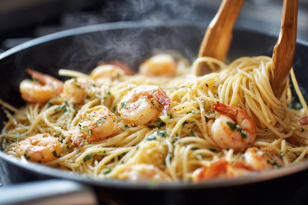 Cooking shrimp with garlic for lemon garlic shrimp pasta one pot