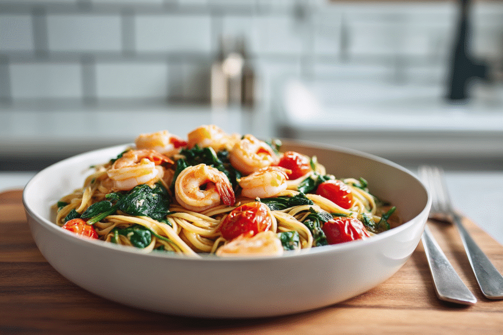 One Pot Protein Pasta for Weight Loss served with shrimp and spinach in a minimalist kitchen