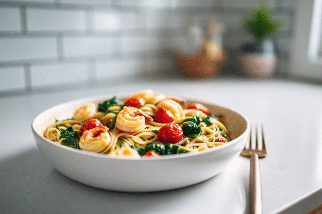 Final serving of One Pot Protein Pasta for Weight Loss in a clean white bowl on a modern kitchen counter