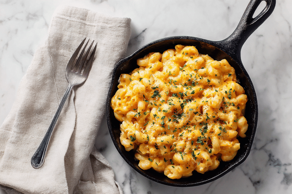 Cheesy One Pot Mac and Cheese in a cast iron skillet with fork on white kitchen counter