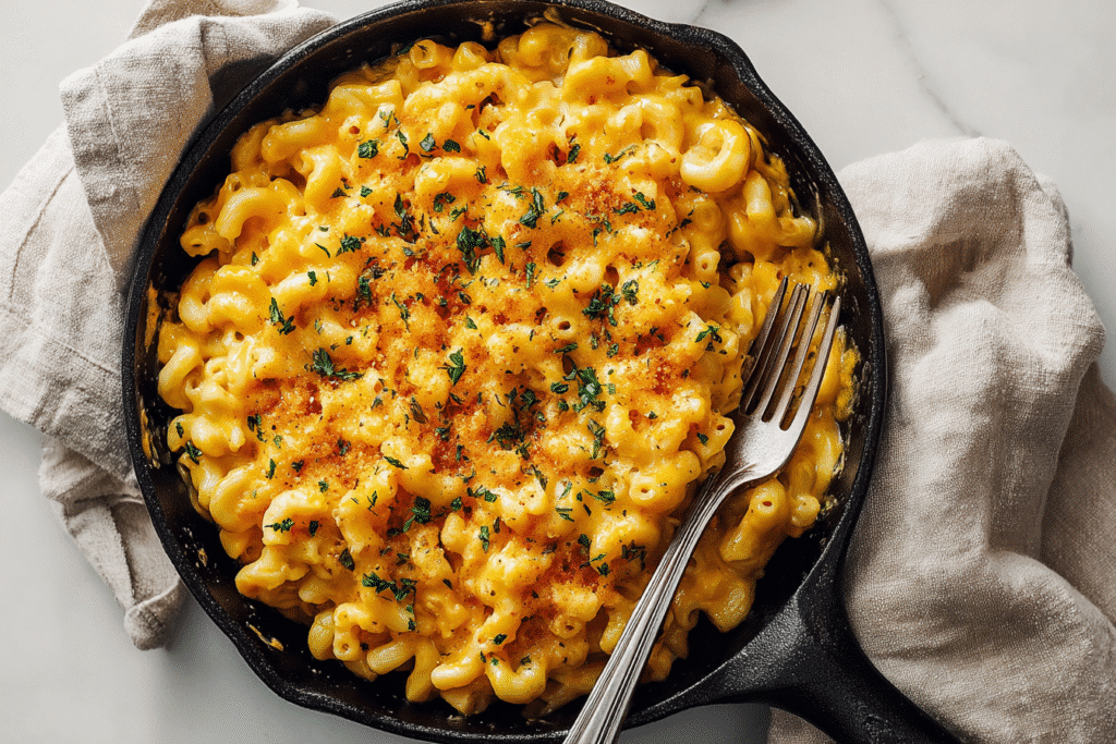 One Pot Mac and Cheese in cast iron skillet with fork