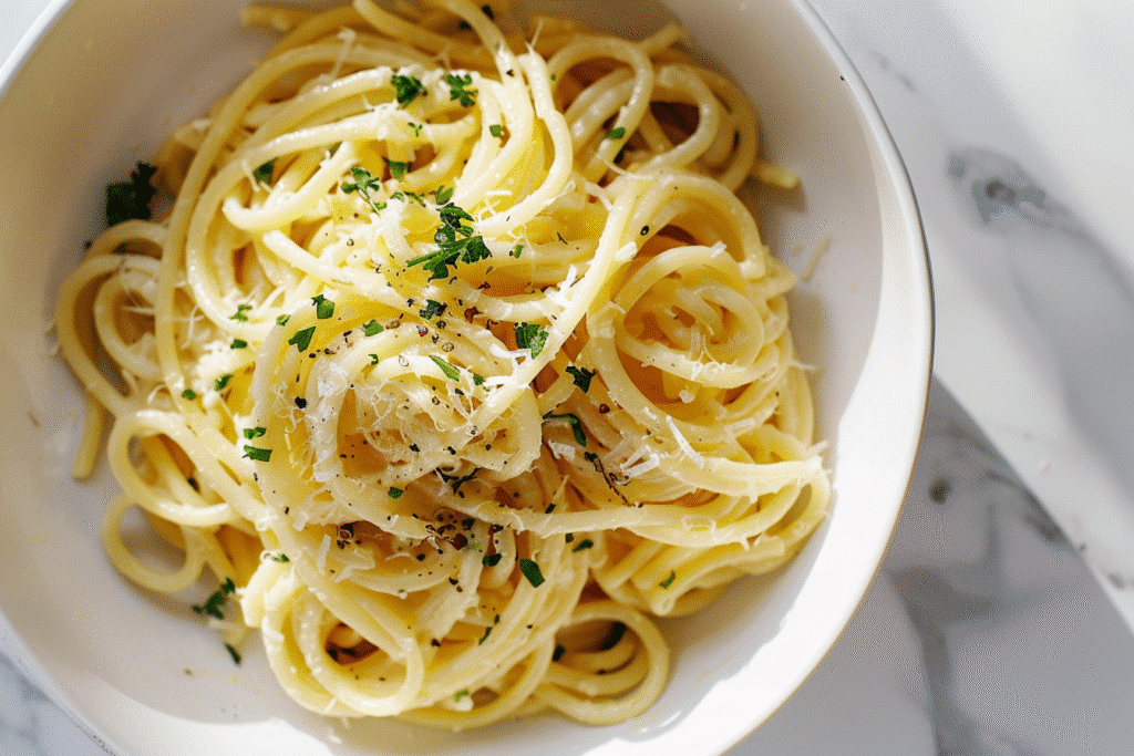 Creamy One Pot Spaghetti Recipe Without Tomato Sauce in a white bowl