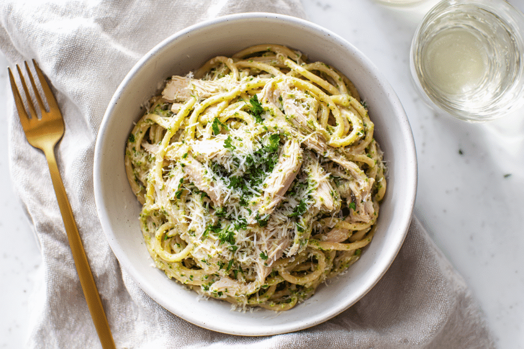 Finished one pot protein pasta with pesto and chicken in a bowl
