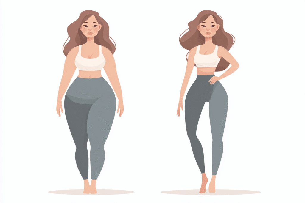 Illustrated female weight loss transformation before and after