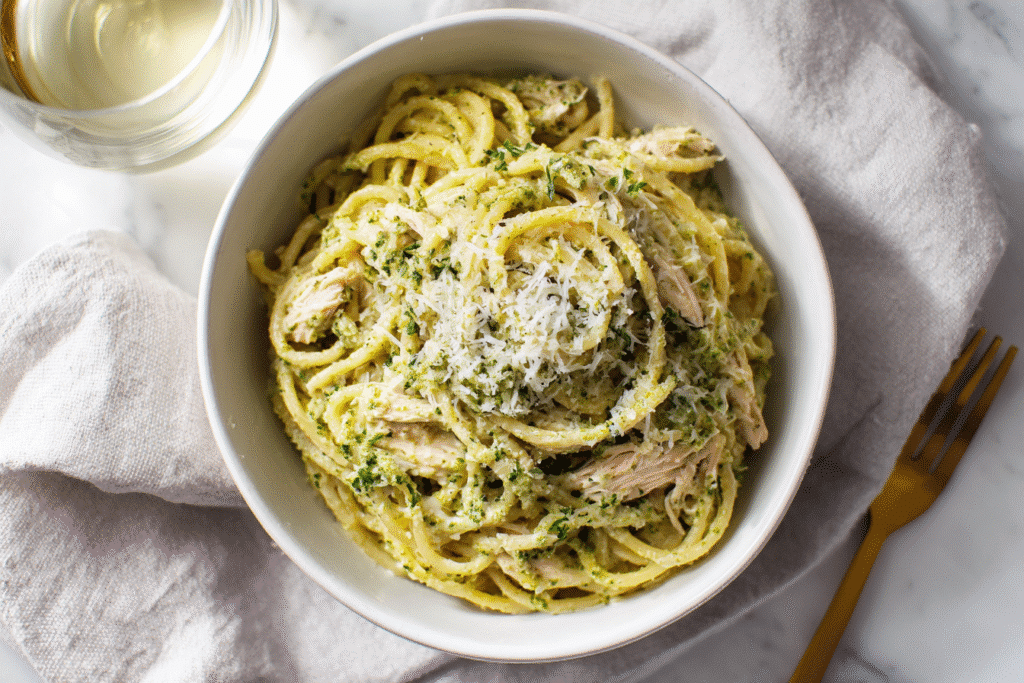 One pot protein pasta ingredients on a white kitchen counter