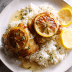 One Pot Chicken and Rice with Caramelized Lemon in a minimalist kitchen