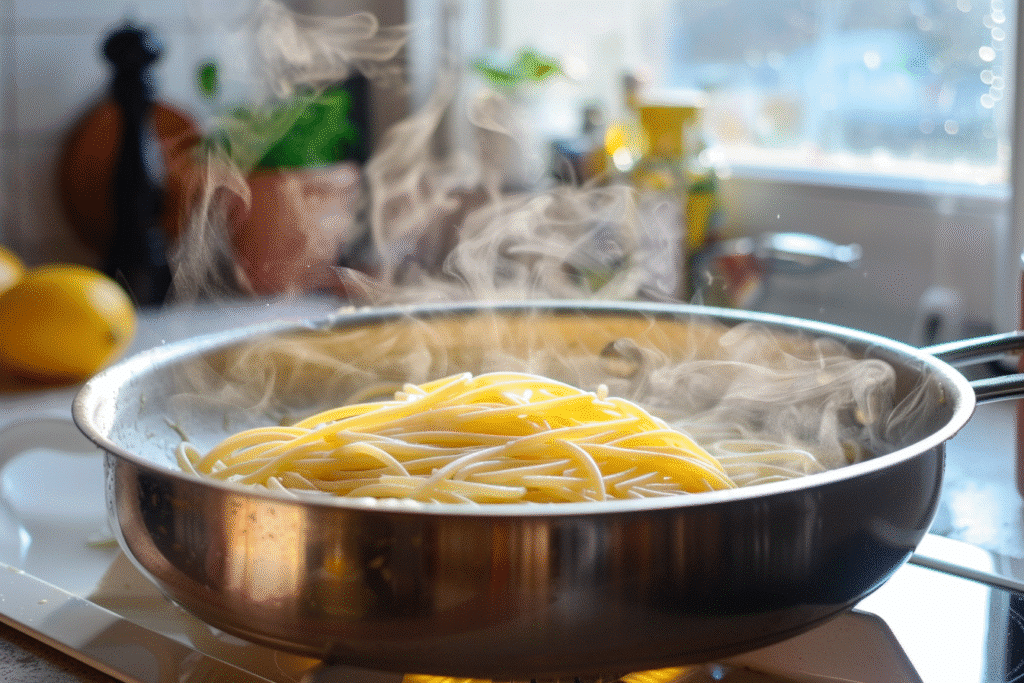 Spaghetti simmering in broth on white stovetop