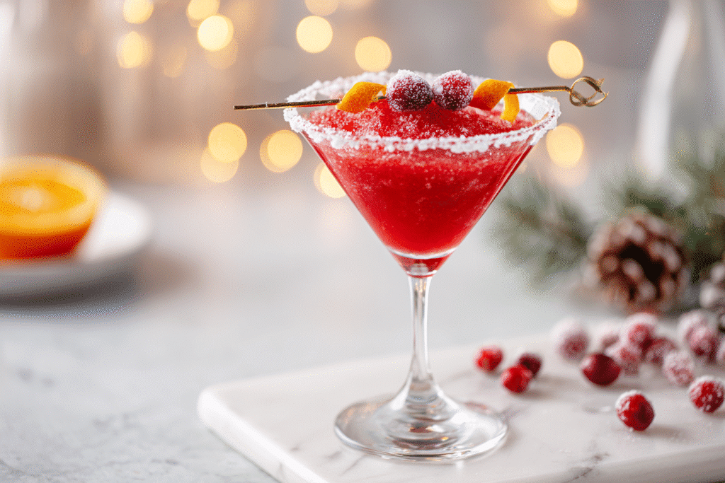 Festive cranberry citrus frozen slush in a martini glass on white marble countertop, garnished with sugared cranberries and orange zest.