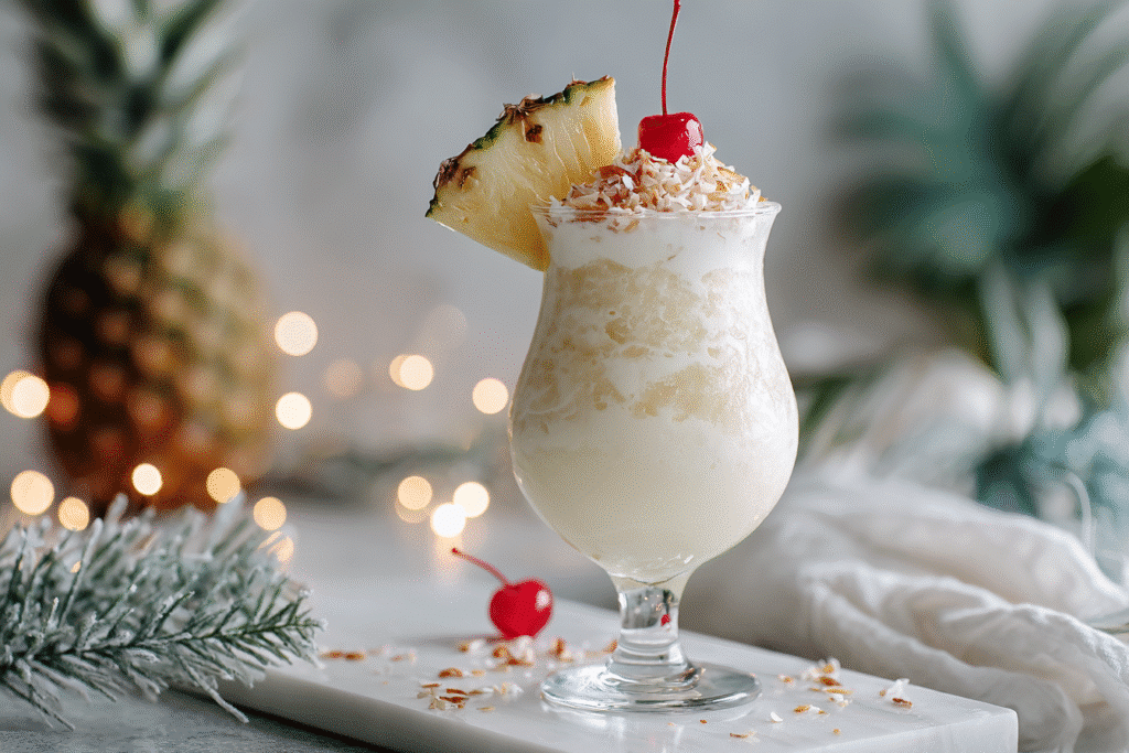 Tropical pineapple coconut snow drink with toasted coconut flakes, maraschino cherry, and pineapple garnish.