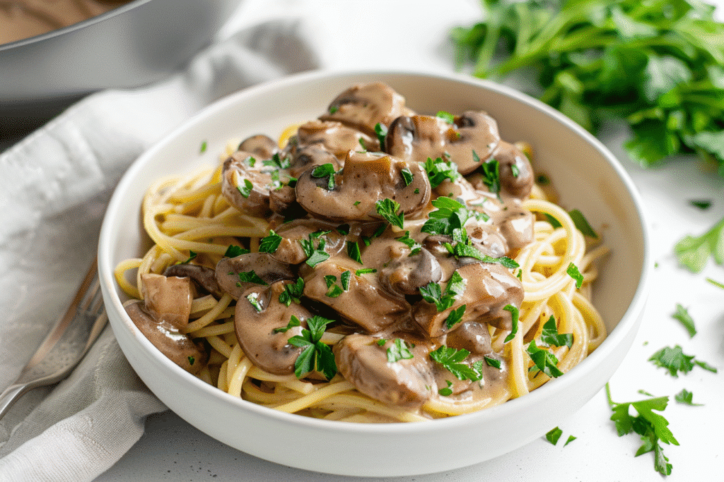 Beef & Mushroom Stroganoff Spaghetti served in a white bowl on a kitchen countertop. Beef & Mushroom Stroganoff Spaghetti