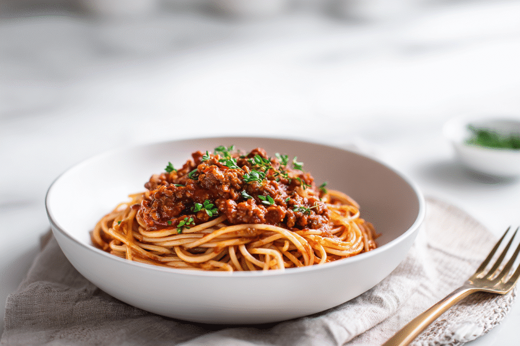 single serving of one pot spaghetti in white bowl. Spaghetti and Meat Sauce
