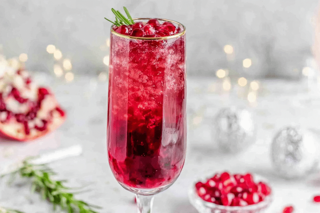 Deep red frozen pomegranate ginger sparkler in a champagne flute on white marble countertop, garnished with pomegranate seeds.