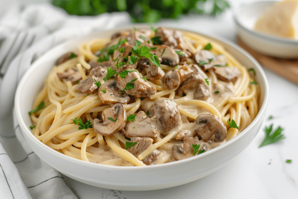 closeup view of Beef & Mushroom Stroganoff Spaghetti with creamy mushroom sauce